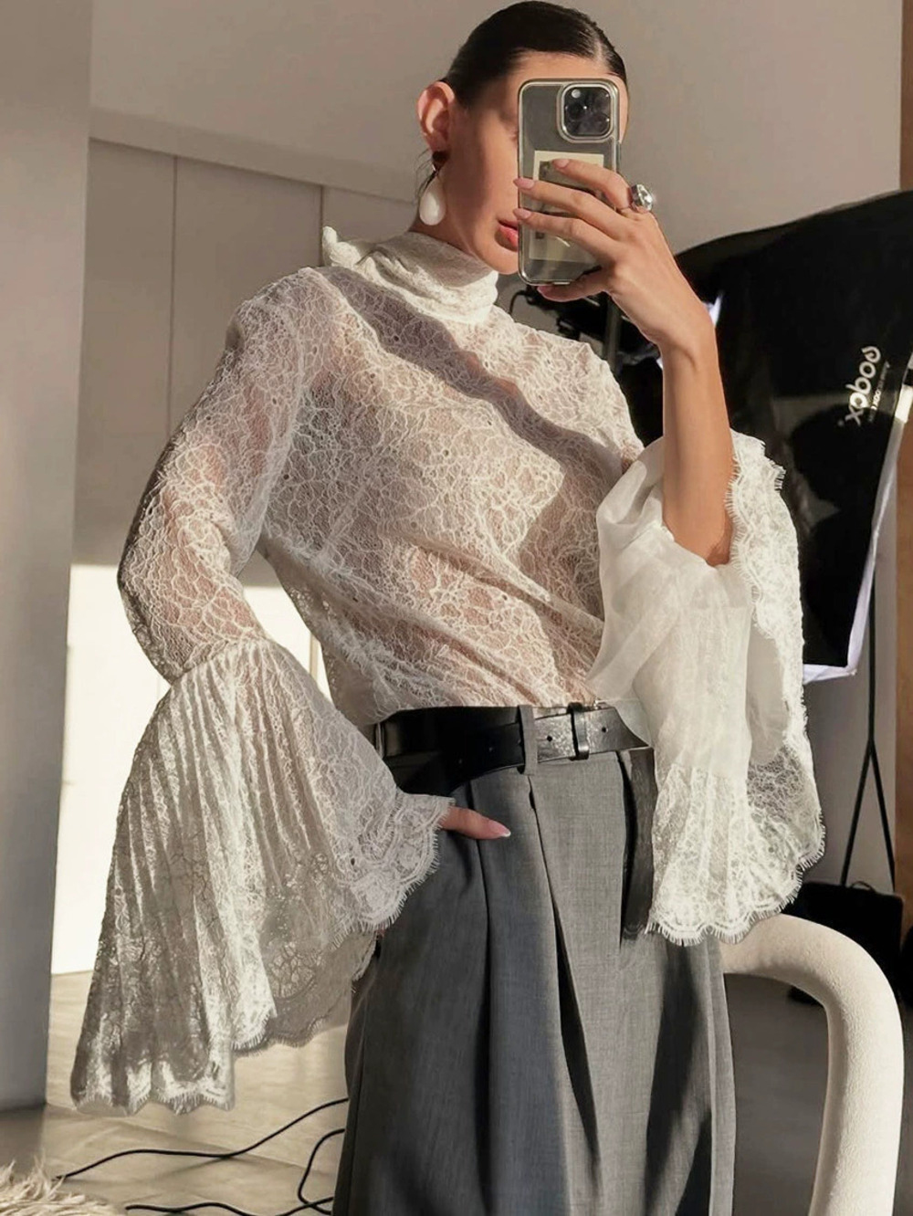 ZARA Sexy French Lace Blouse Flounce Sleeve Tie Neck Slimming Spring Summer Top